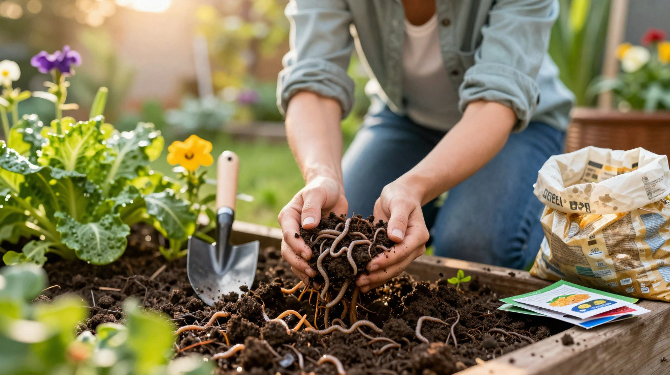 Personne tenant de la terre avec de nombreux vers de terre dans un potager en pleine lumière du jour.