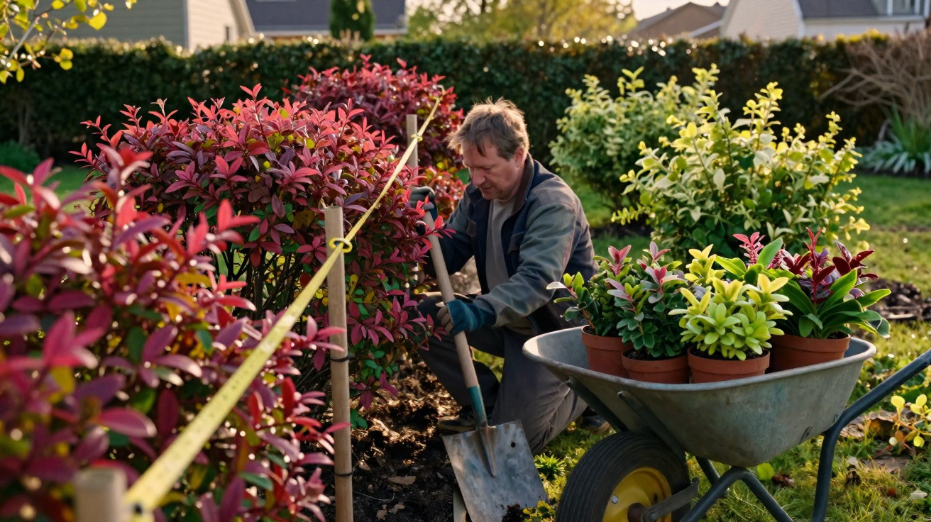 Homme jardinier creusant avec une pelle près de buissons rouges, brouette avec plantes en pot à côté.