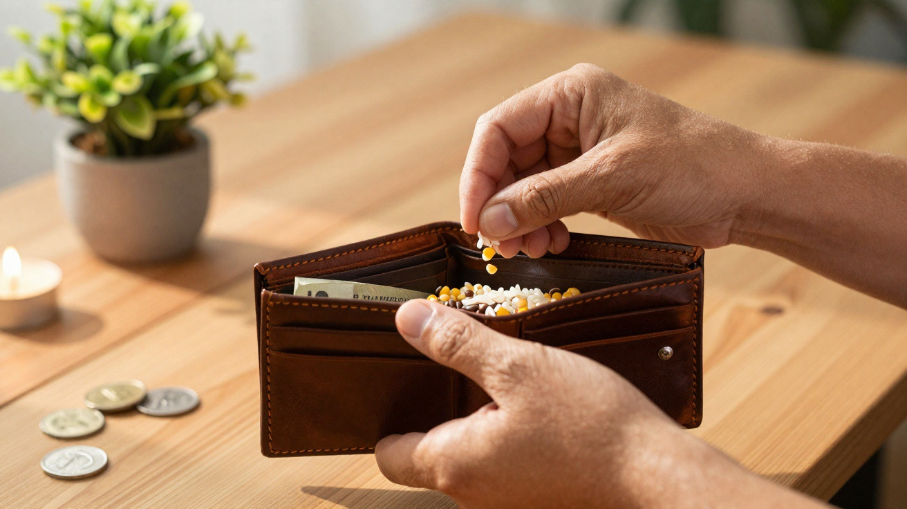 Deux mains tiennent un portefeuille ouvert rempli de pilules, posé sur une table en bois avec des pièces et une plante.