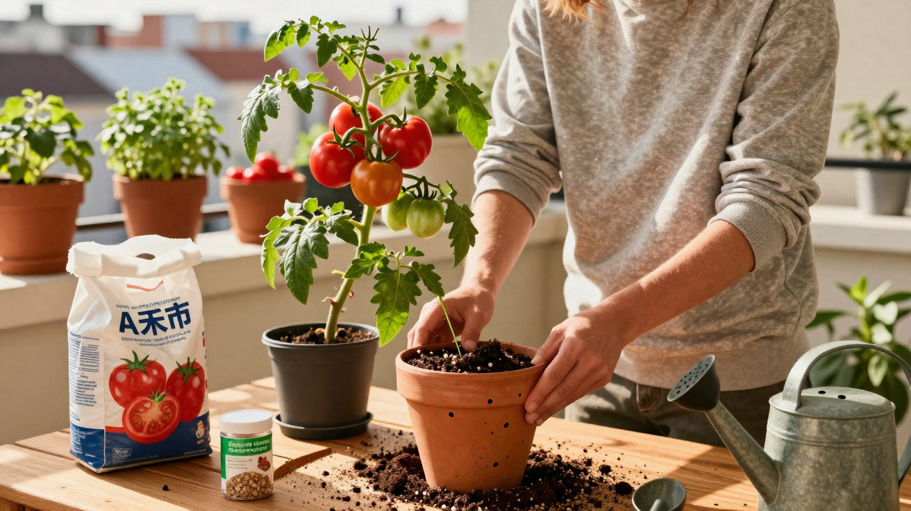Personne rempotant une plante dans un pot en terre cuite sur une table avec tomates cerises et outils de jardinage.