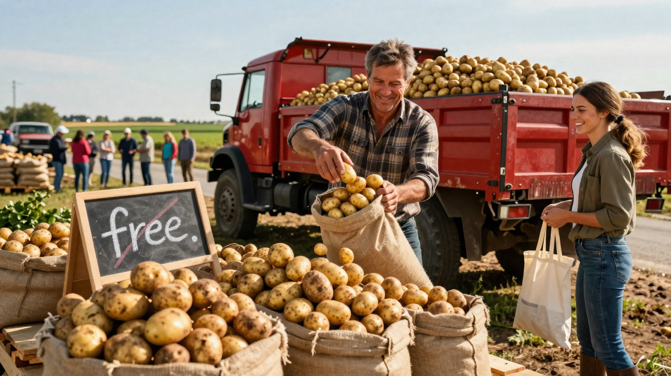Homme vendant des pommes de terre en sacs à une femme devant un camion rouge sur un marché en plein air.