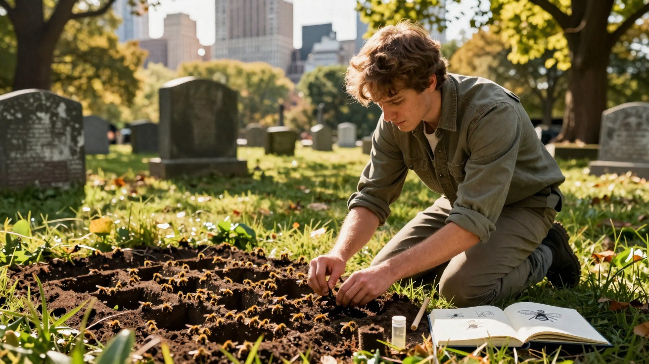 Jeune homme agenouillé dans un cimetière, observant et manipulant un piège à abeilles sur la terre.