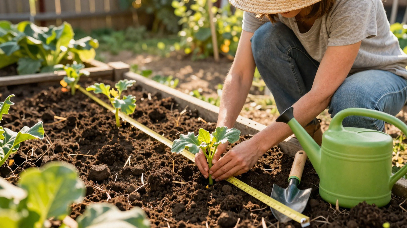 Personne en chapeau plantant une jeune pousse dans un potager avec un arrosoir vert à côté.