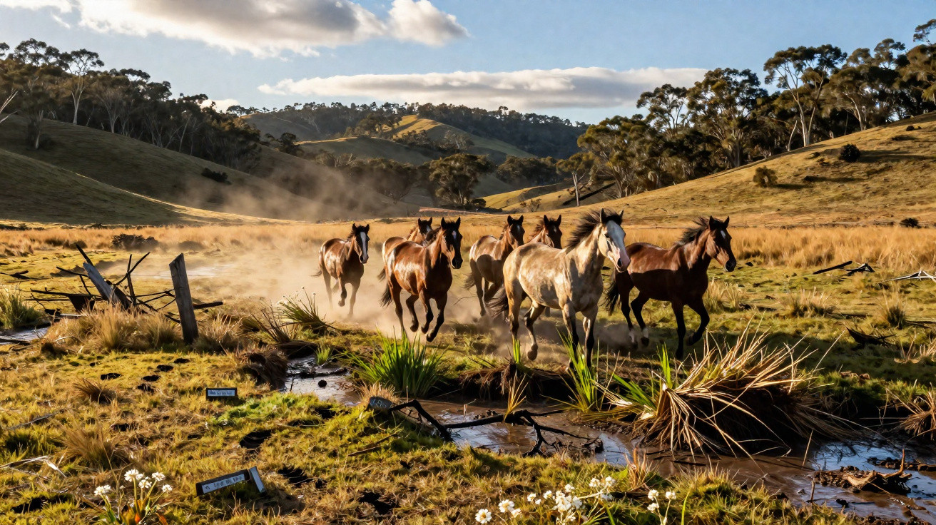 Un troupeau de chevaux courant dans un champ ensoleillé avec des collines et des arbres en arrière-plan.