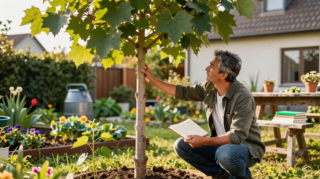 Homme examinant un jeune arbre dans un jardin ensoleillé avec carnet de croquis à la main.