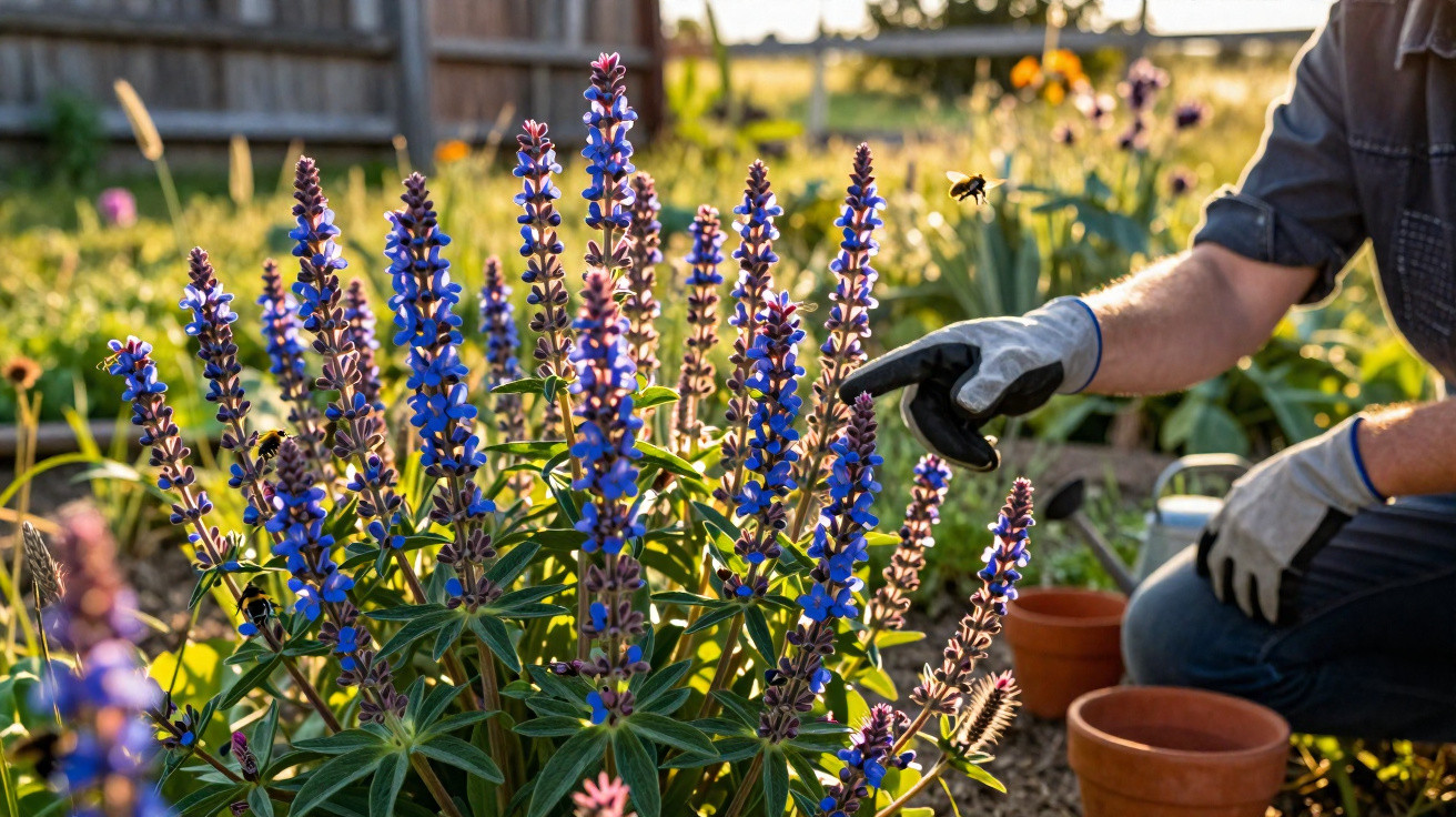 Fleurs bleues dans un jardin avec une main gantée et une abeille en plein vol au soleil couchant.