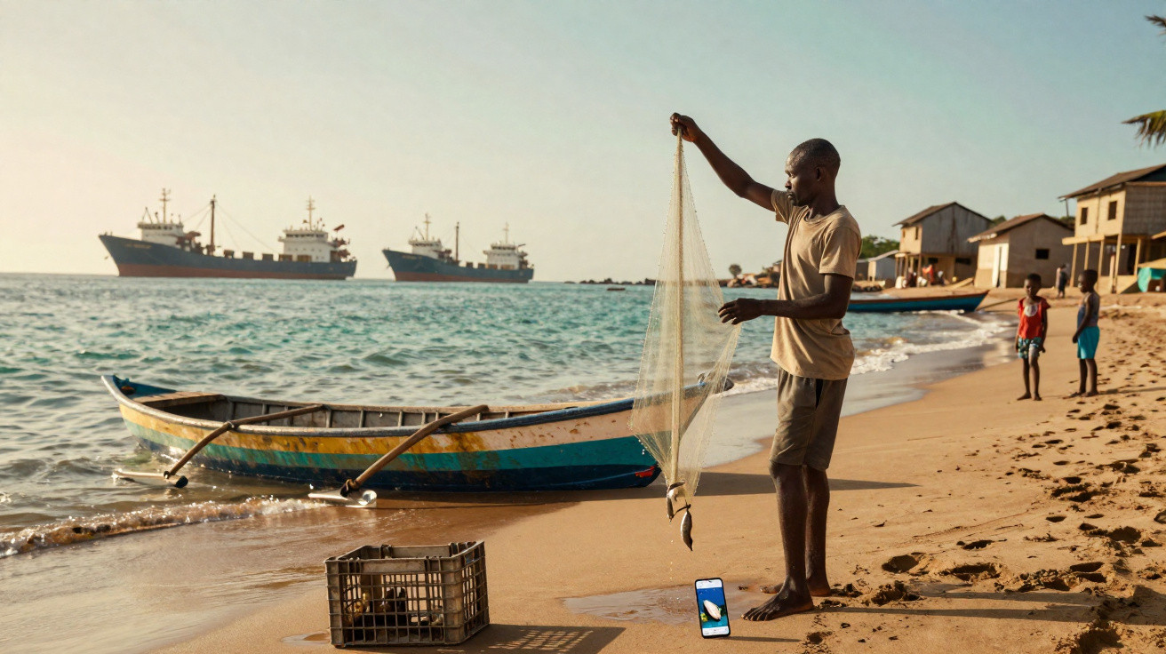 Pêcheur tenant un filet avec poissons sur une plage, bateaux en arrière-plan et enfants observant.