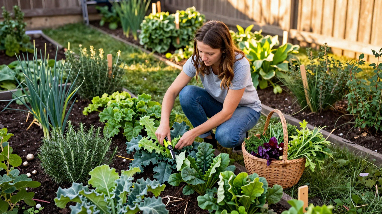 Femme récoltant des légumes dans un jardin potager en pleine journée, panier en osier à côté.
