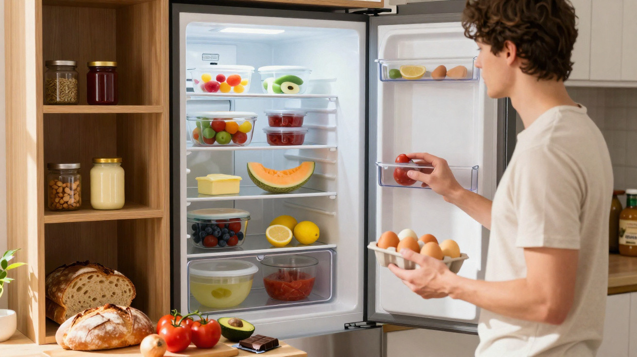 Jeune homme prenant des œufs dans un réfrigérateur ouvert, cuisine avec fruits et légumes sur le plan de travail.