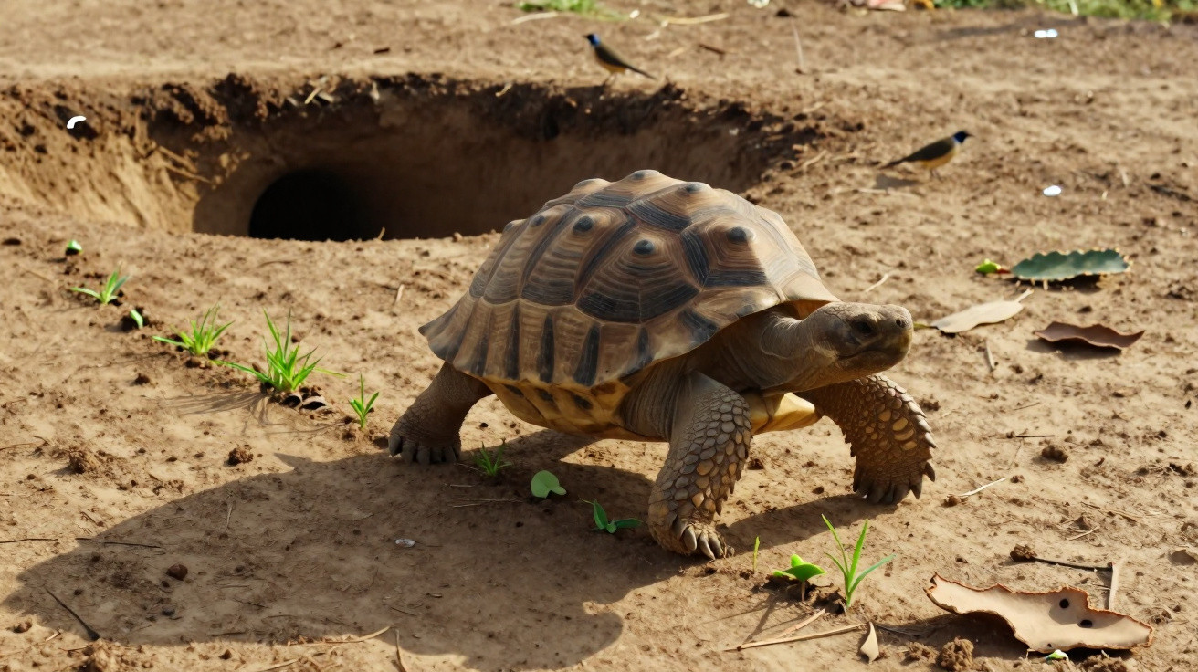Une tortue terrestre marchant sur un sol sec près d'un trou dans la terre avec des feuilles et de l'herbe.