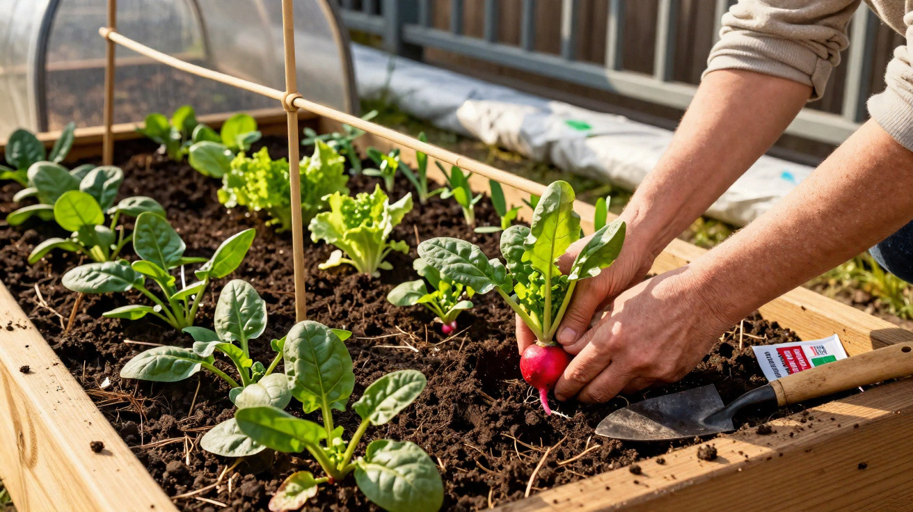 Personne récoltant un radis dans un potager surélevé avec des plants de légumes verts.