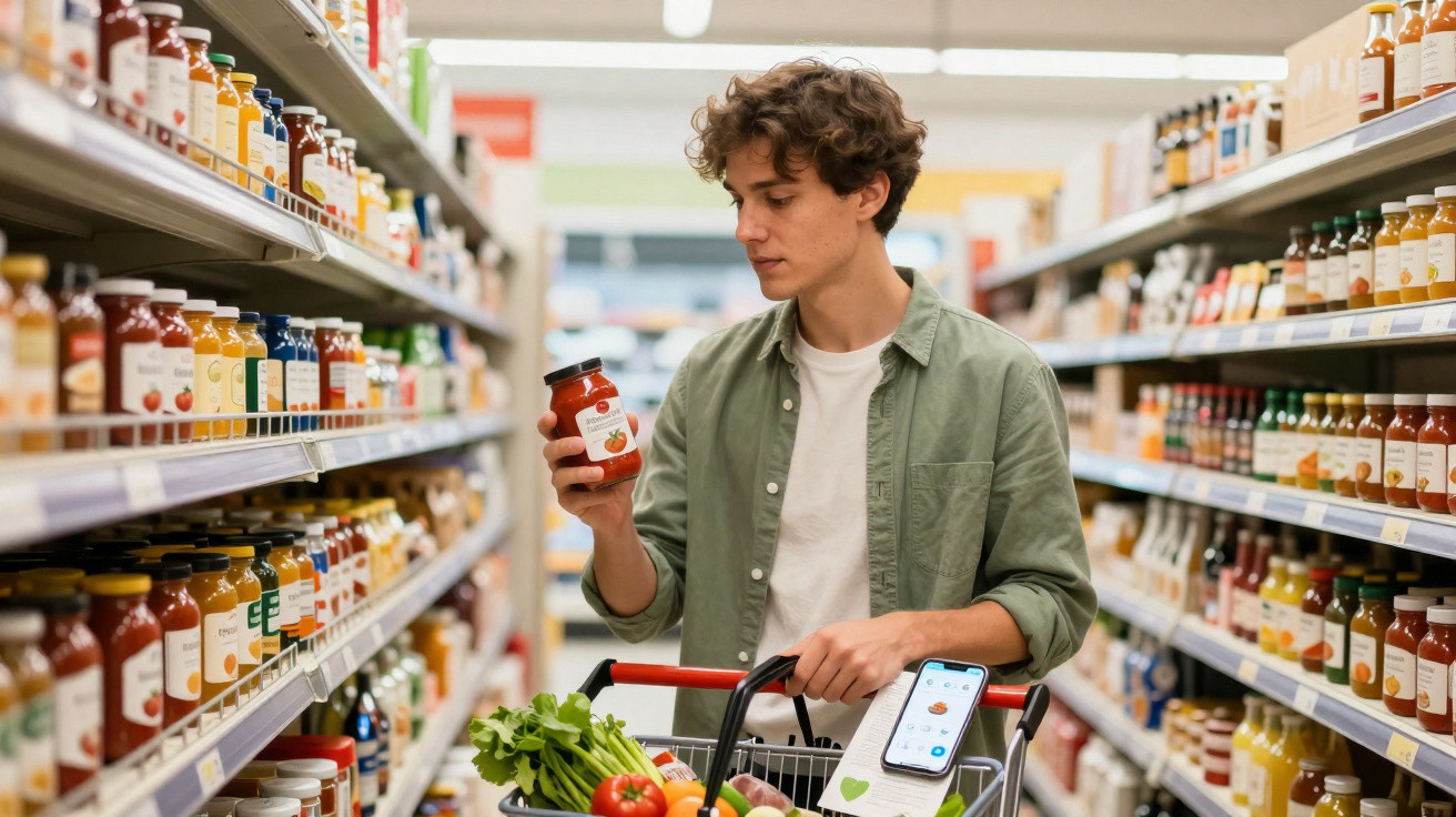 Jeune homme en chemise verte comparant un pot de sauce tomate dans une allée de supermarché, avec un chariot plein de légumes