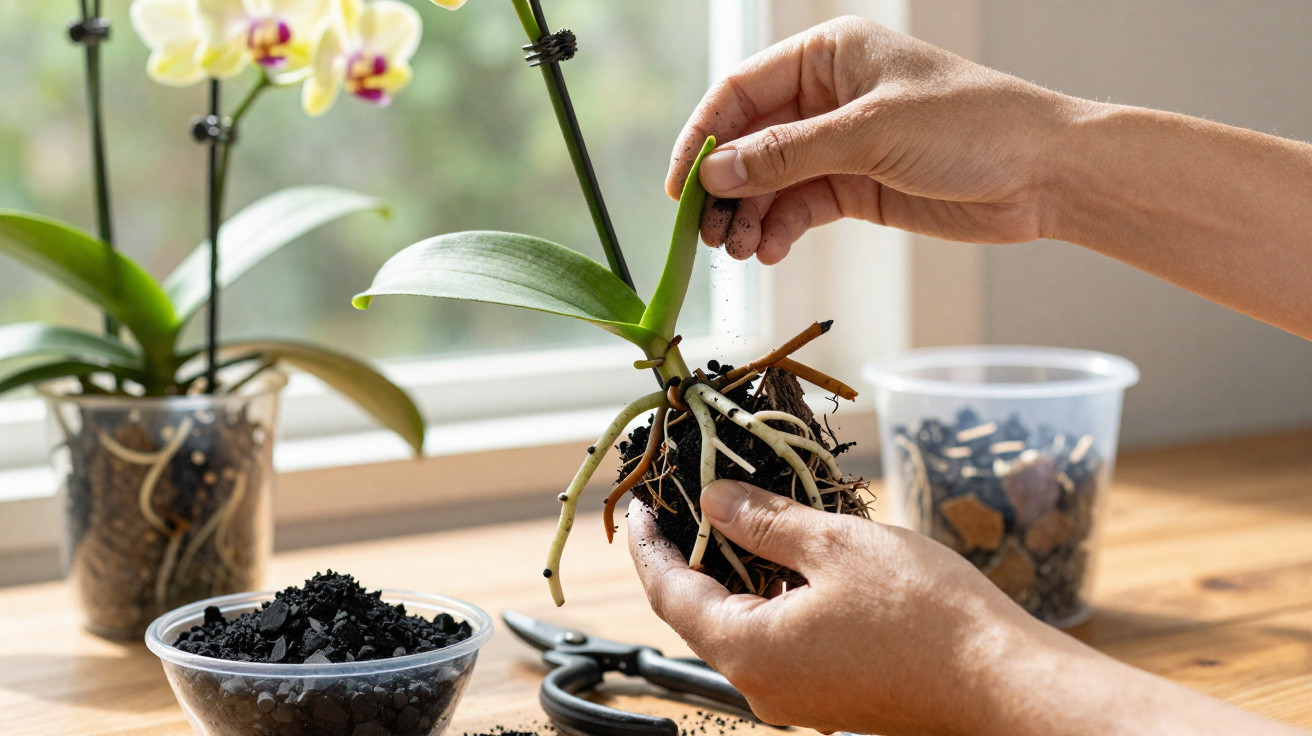 Mains rempotant une orchidée avec racines exposées sur une table près d'une fenêtre lumineuse.