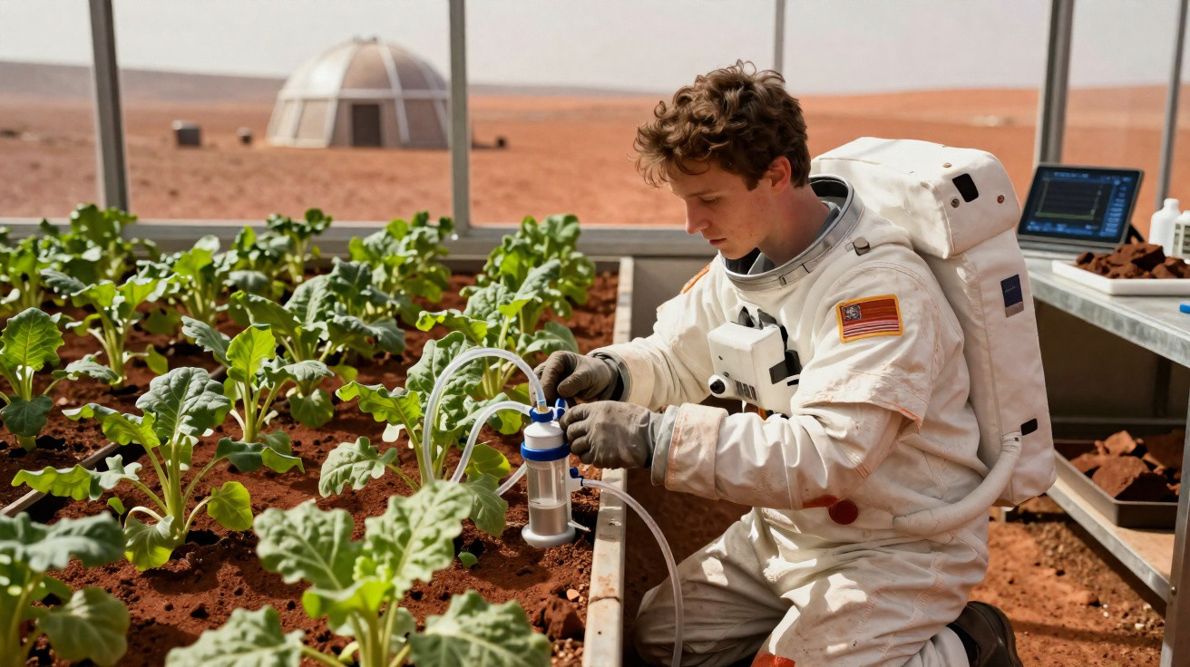 Astronaute en combinaison teste un dispositif d'irrigation dans une serre sur sol martien rouge.