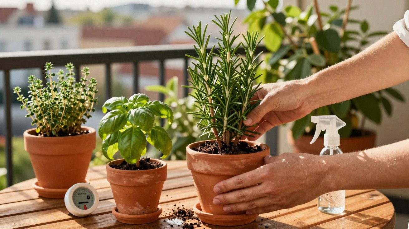 Personne prenant soin de plantes aromatiques en pots sur une table en bois sur un balcon.