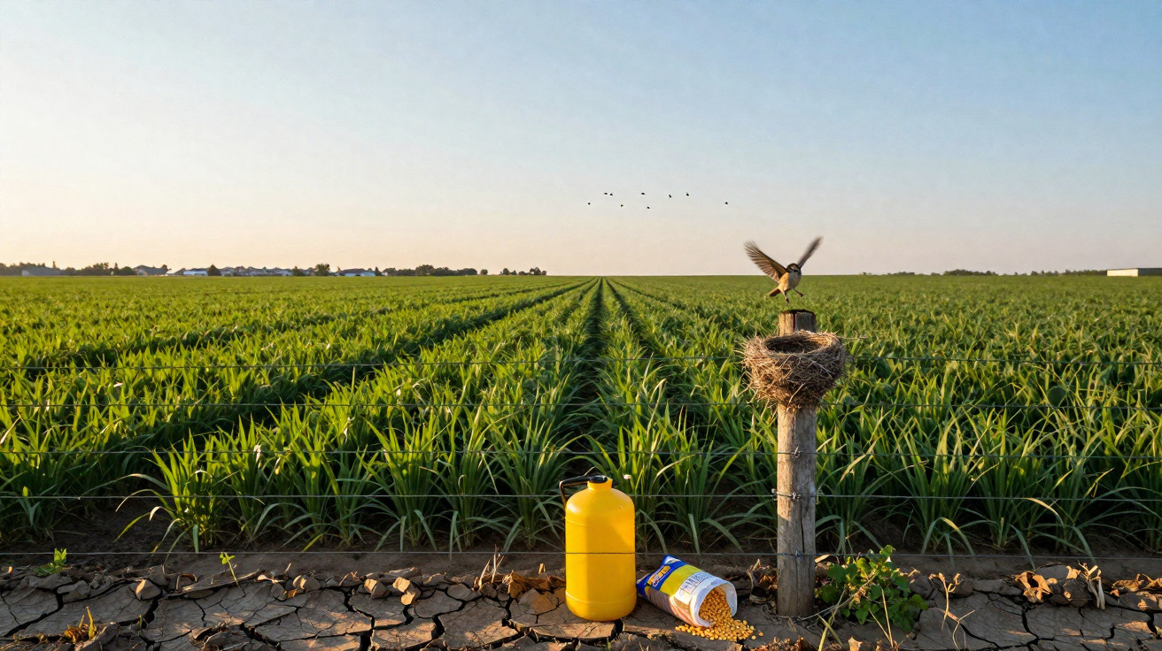 Champ cultivé avec sol craquelé, nid d’oiseau sur poteau, un oiseau en vol, bidon jaune et sac de graines au premier plan.