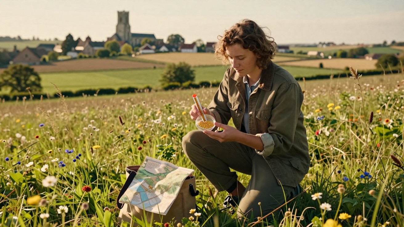 Jeune femme en tenue kaki récoltant des échantillons dans un champ fleuri, village avec église en arrière-plan.