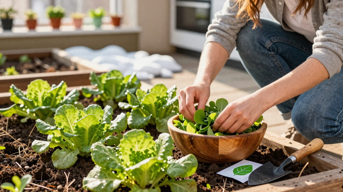 Personne récoltant des feuilles vertes dans un potager en carré avec un outil de jardinage à côté.
