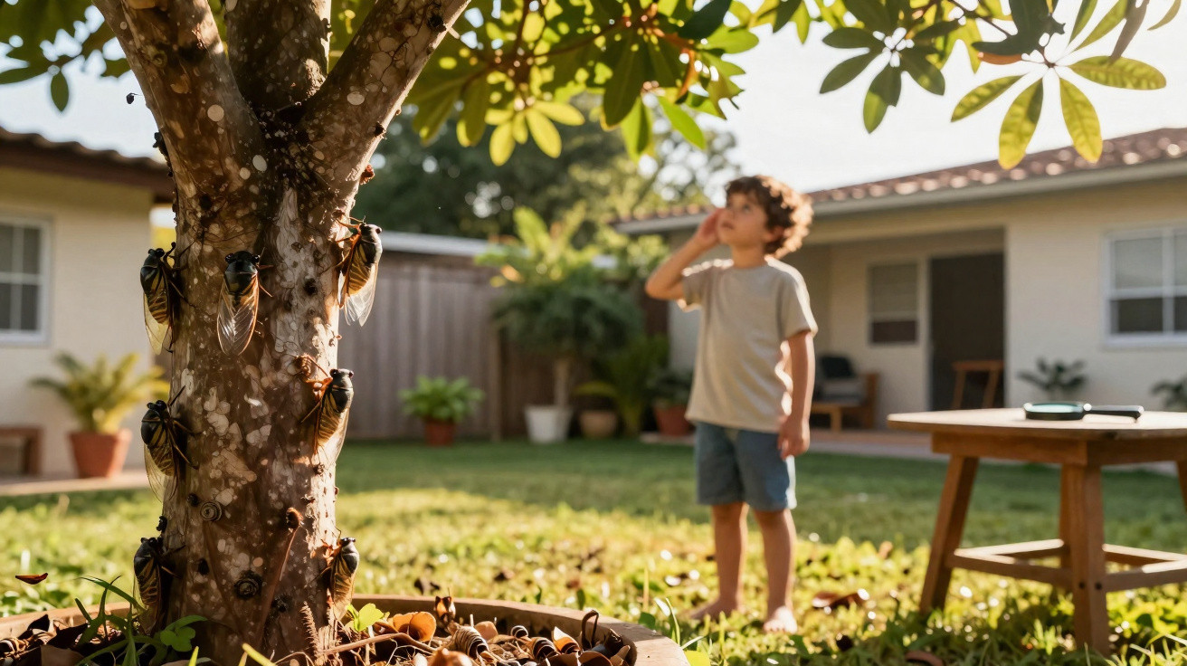 Enfant debout dans un jardin observant un arbre couvert de cigales au soleil.