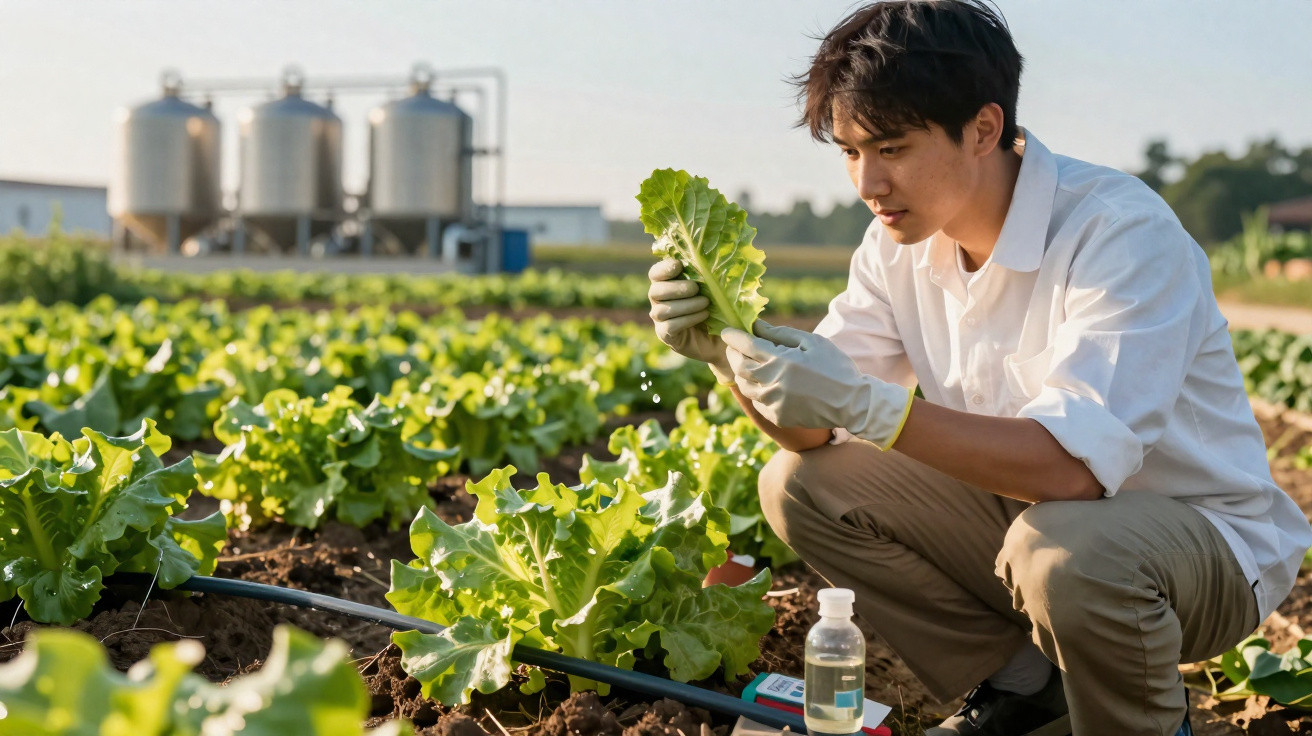 Homme en gants observe une feuille de laitue dans un champ agricole sous un ciel clair.