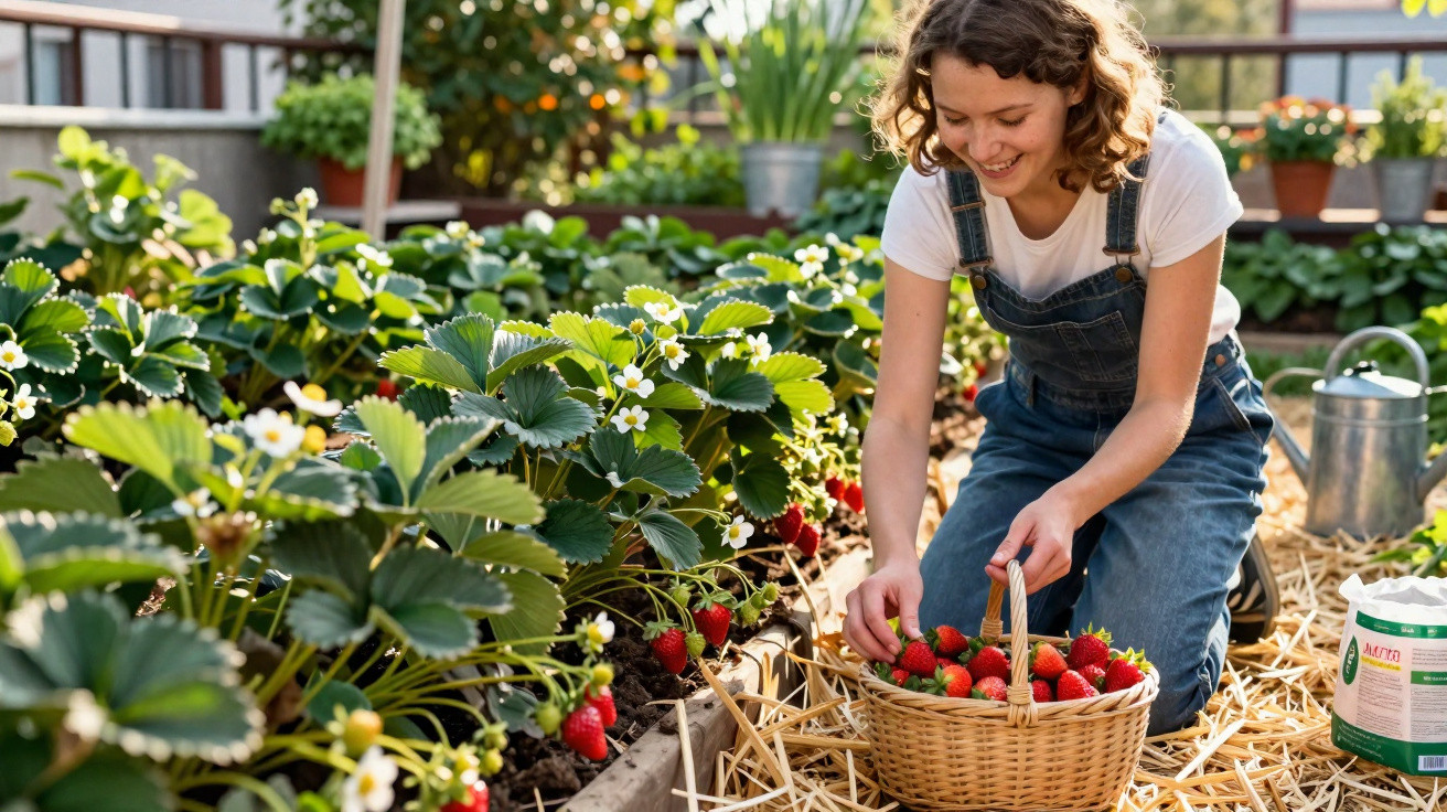 Femme souriante cueillant des fraises dans un jardin en potager sur un balcon ensoleillé.