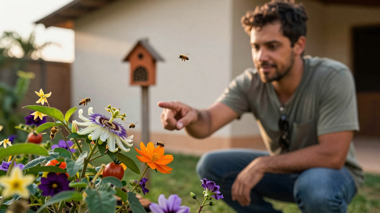 Un homme accroupi dans un jardin observe des abeilles qui butinent des fleurs colorées en avant-plan.