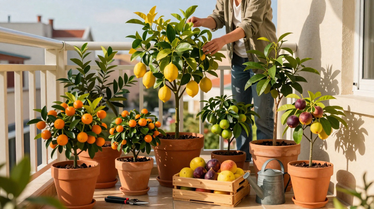 Personne prenant soin de plusieurs agrumes en pot sur un balcon ensoleillé avec arrosoir et panier de fruits.