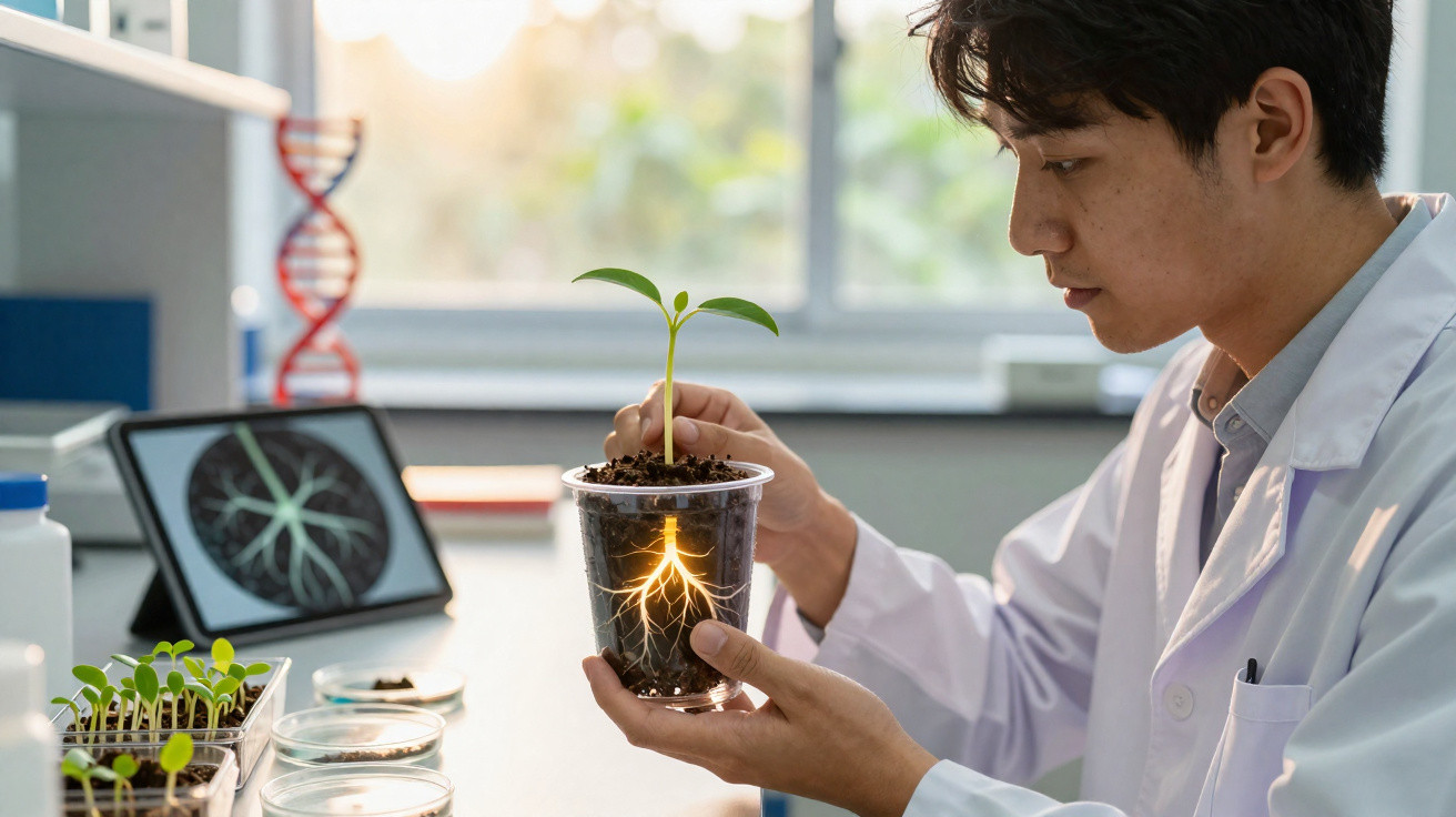 Chercheur en blouse blanche examinant une plante en croissance avec racines visibles dans un laboratoire.