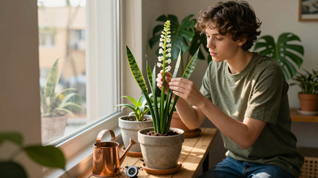 Jeune homme arrangeant une fleur en pot sur un rebord de fenêtre avec un arrosoir en cuivre à côté.