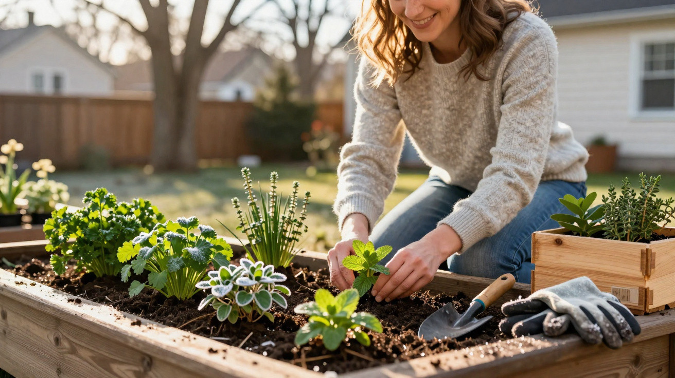 Femme souriante plantant des herbes dans un potager surélevé en bois à l'extérieur au soleil.