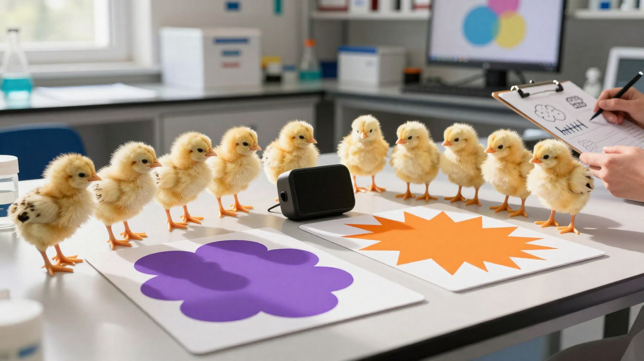 Dix poussins alignés sur une table blanche avec des formes colorées et une personne prenant des notes.