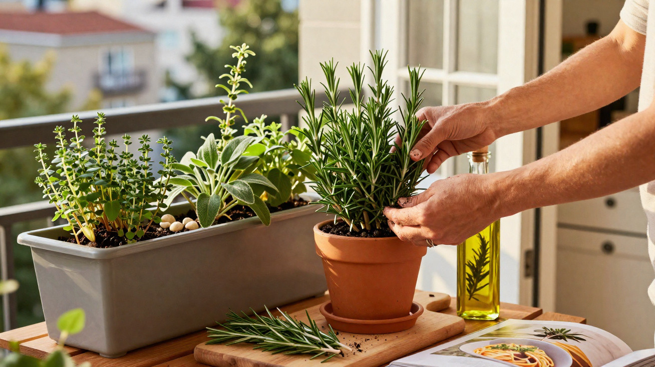 Mains ajustant un plant de romarin en pot sur une table avec d'autres herbes aromatiques en pot.