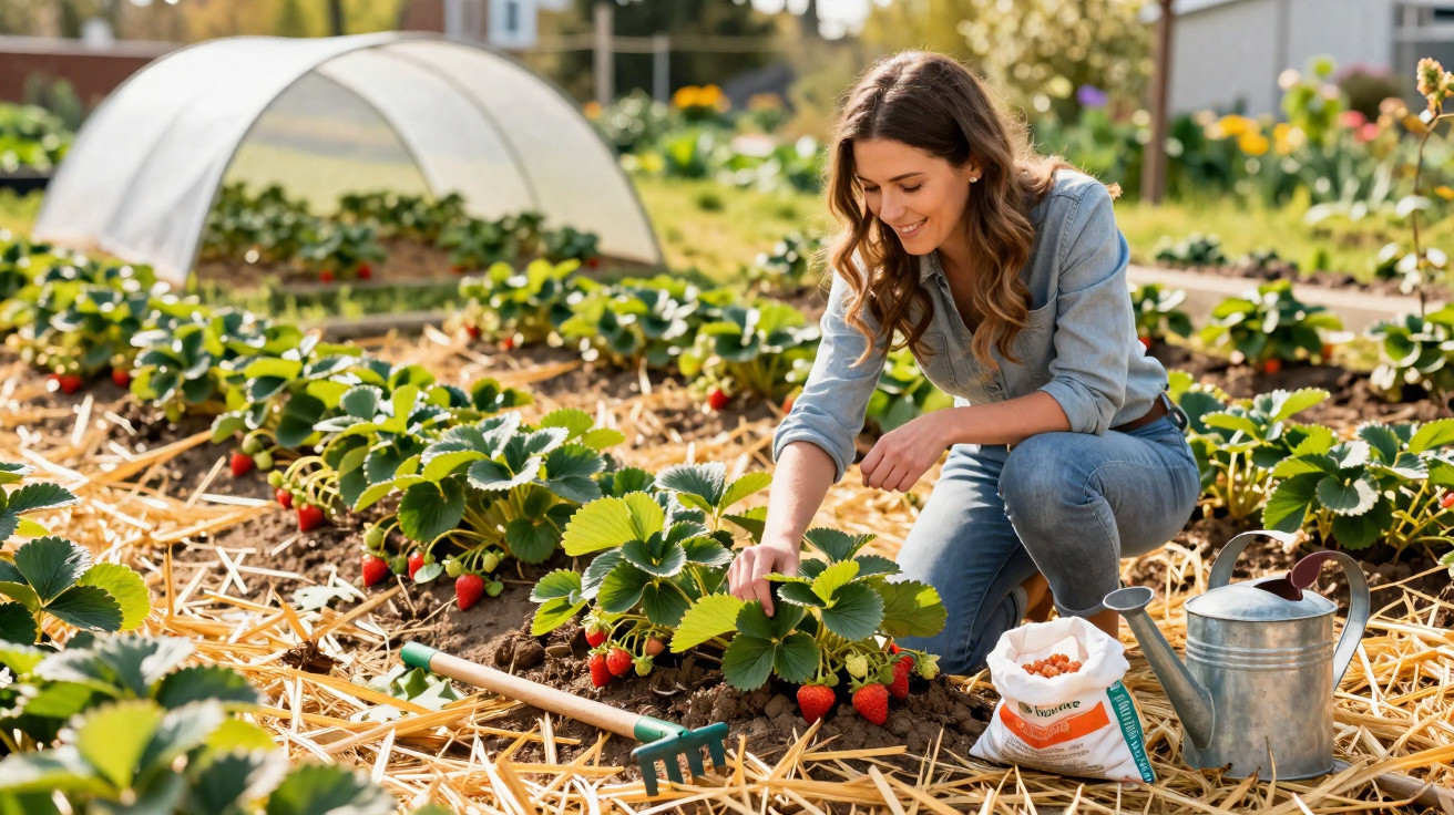 Femme souriante récoltant des fraises dans un jardin avec outils et arrosoir sous le soleil.