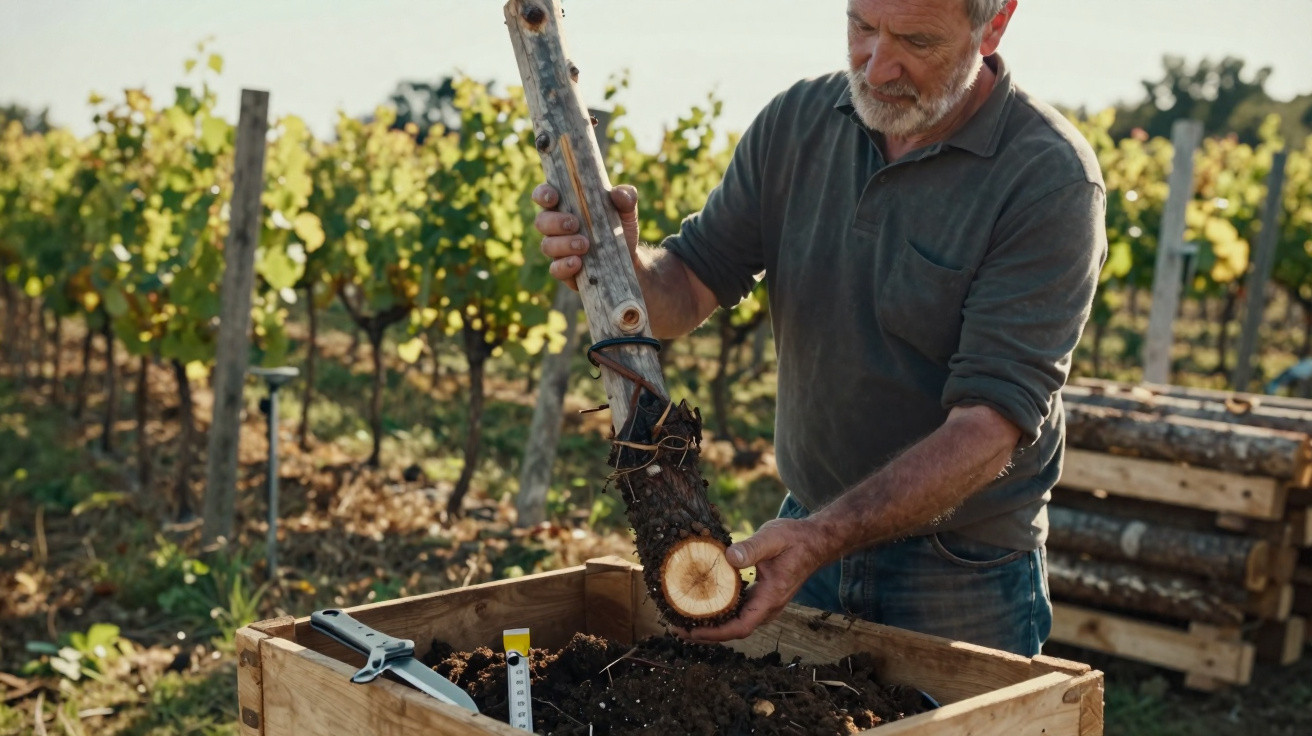 Homme inspectant une bouture de vigne dans un jardin viticole ensoleillé avec outils sur caisse en bois.