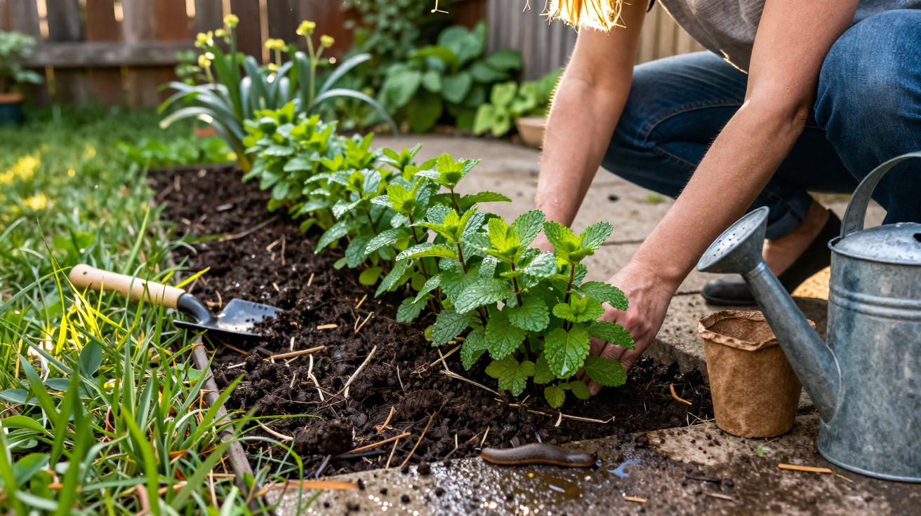 Personne jardinant des plants de menthe dans un parterre avec arrosoir et outils sur un sol humide.