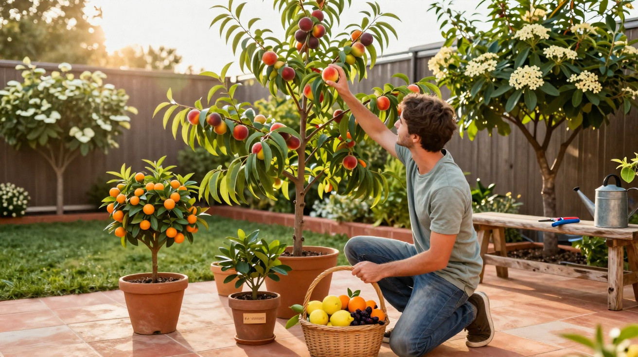 Homme cueillant des pêches sur un arbre en pot dans un jardin avec plusieurs plantes en pots et un panier de fruits.