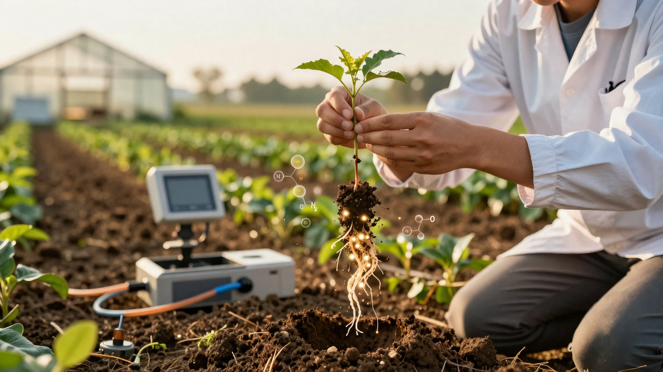 Scientifique en blouse blanche tenant une jeune plante avec racines visibles dans un champ de culture agricole.