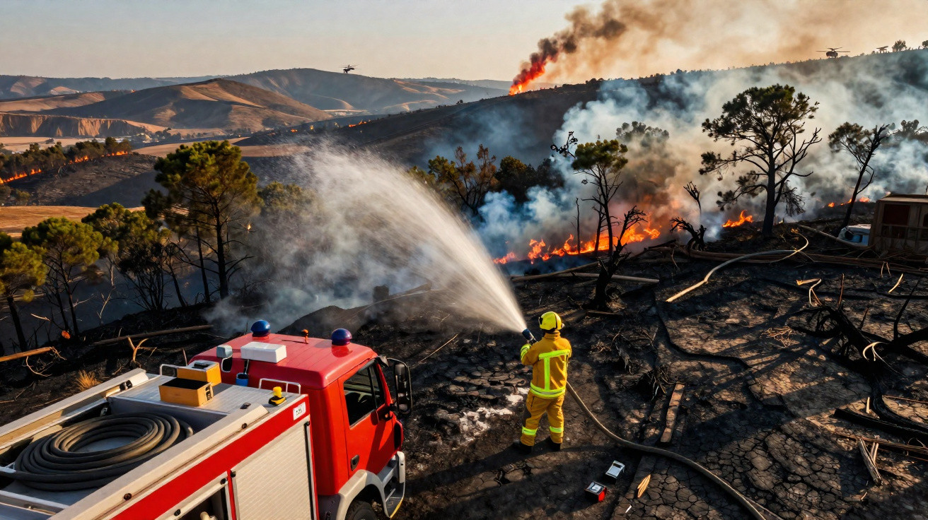 Un pompier en tenue jaune lutte contre un feu de forêt avec un camion rouge en montagne.