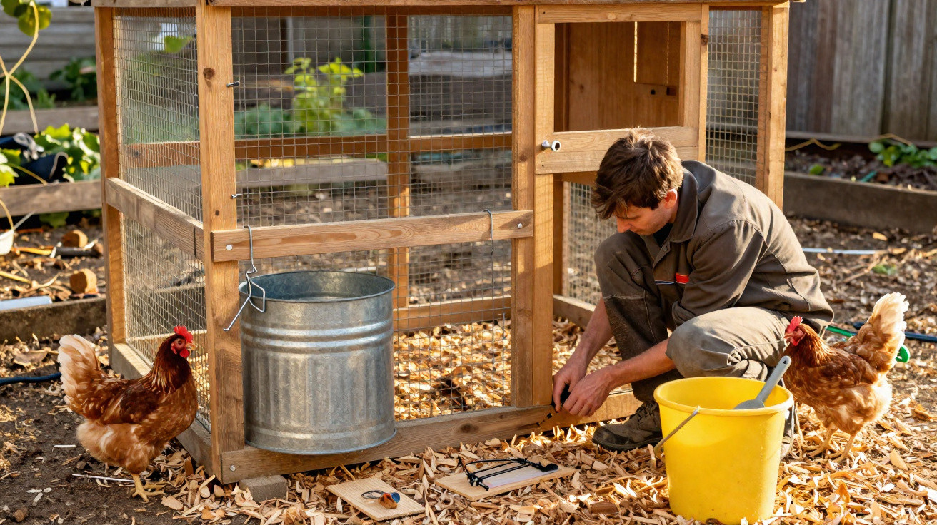 Un homme répare un poulailler en bois dans un jardin avec deux poules à ses côtés et un seau jaune.