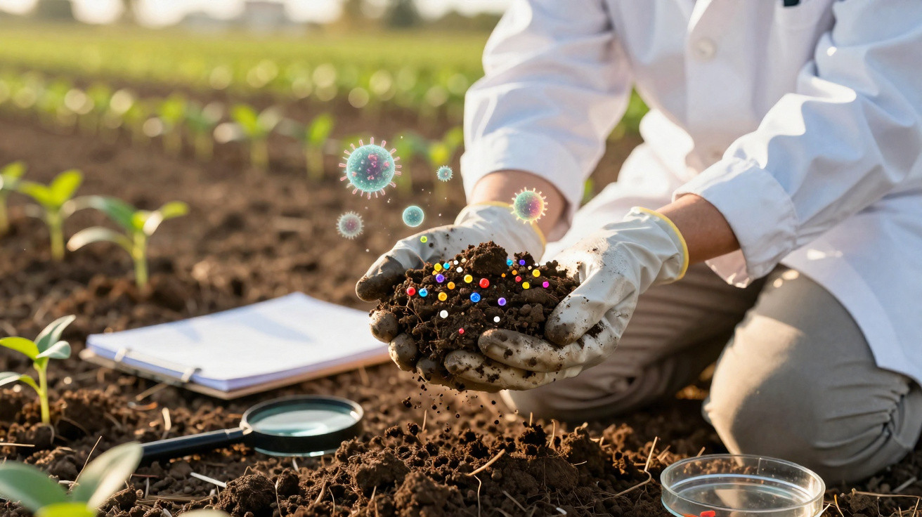 Chercheur en blouse blanche tenant de la terre avec particules colorées et virus illustrés dans un champ agricole.