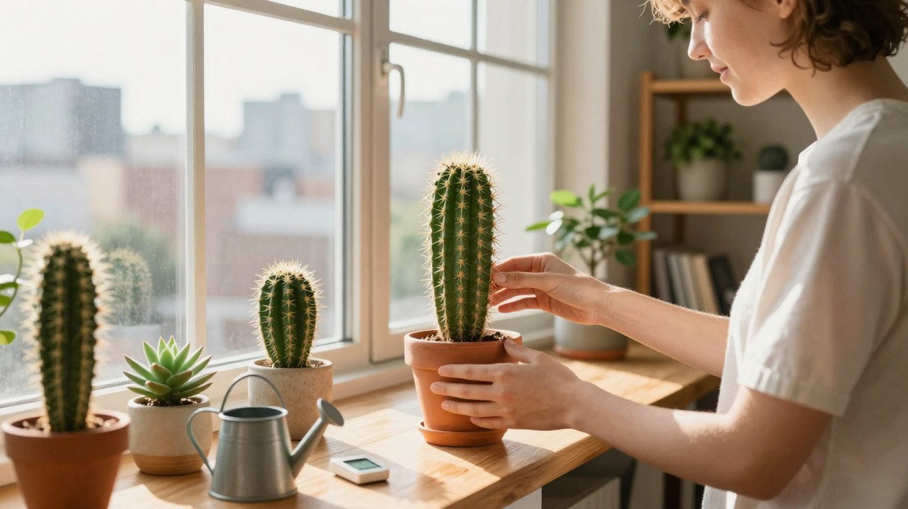 Personne prenant soin d’un cactus en pot sur un rebord de fenêtre ensoleillé avec plusieurs plantes vertes.