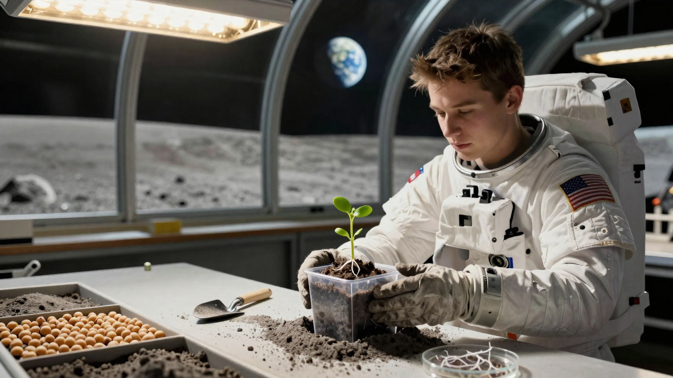 Astronaute en combinaison plantant une jeune pousse dans une serre lunaire avec la Terre visible au loin.