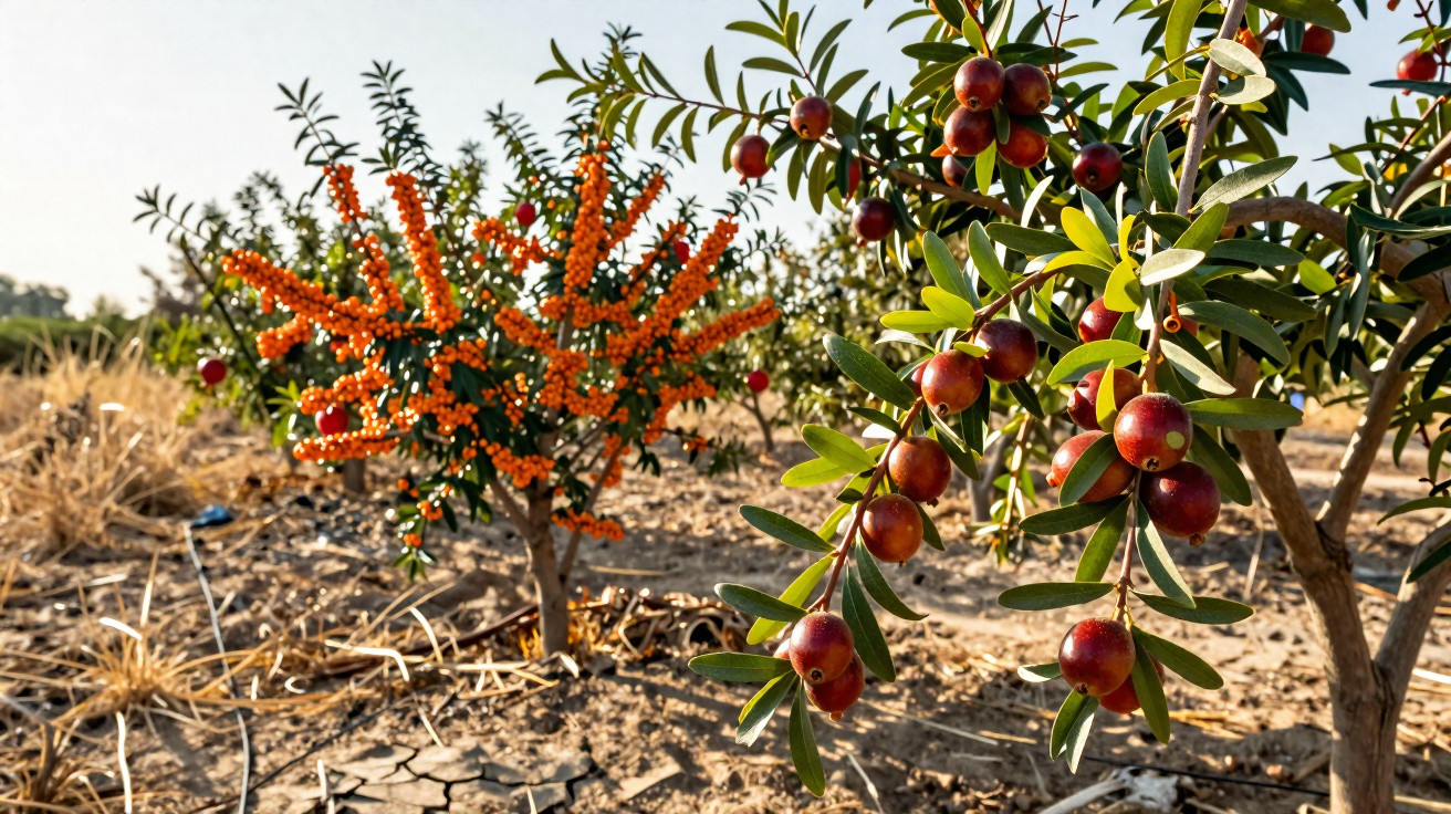 Arbustes avec baies rouges et oranges dans un sol sec, sous un ciel clair en plein jour.