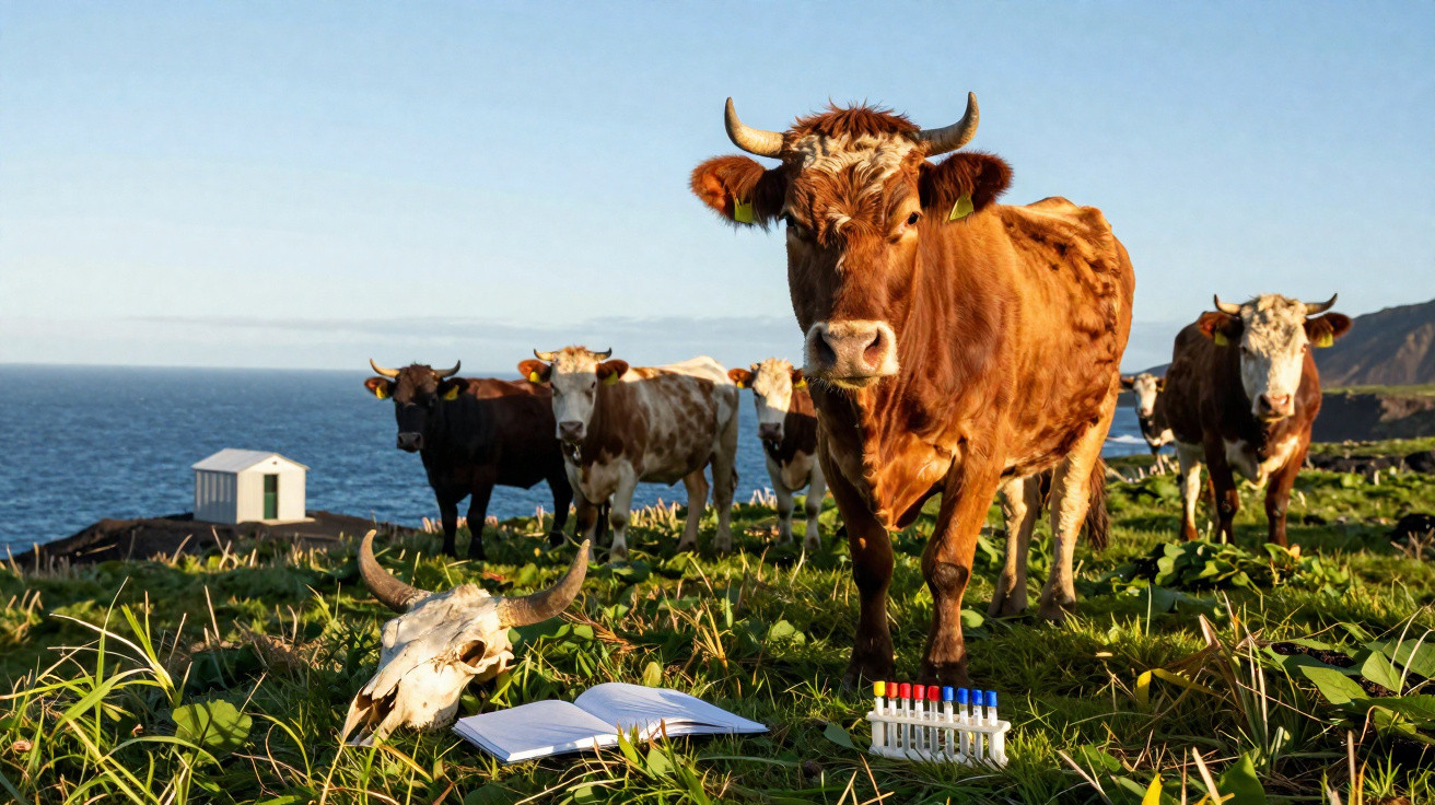 Vaches brunes et tachetées dans un pré près de la mer, avec un crâne, un carnet et des tubes de laboratoire au sol.