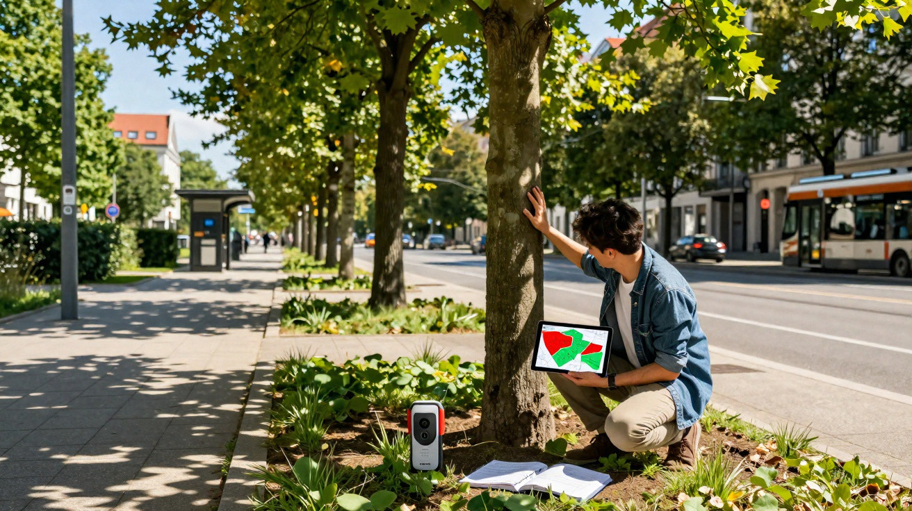 Homme accroupi près d’un arbre en ville avec une tablette montrant une carte rouge et verte.