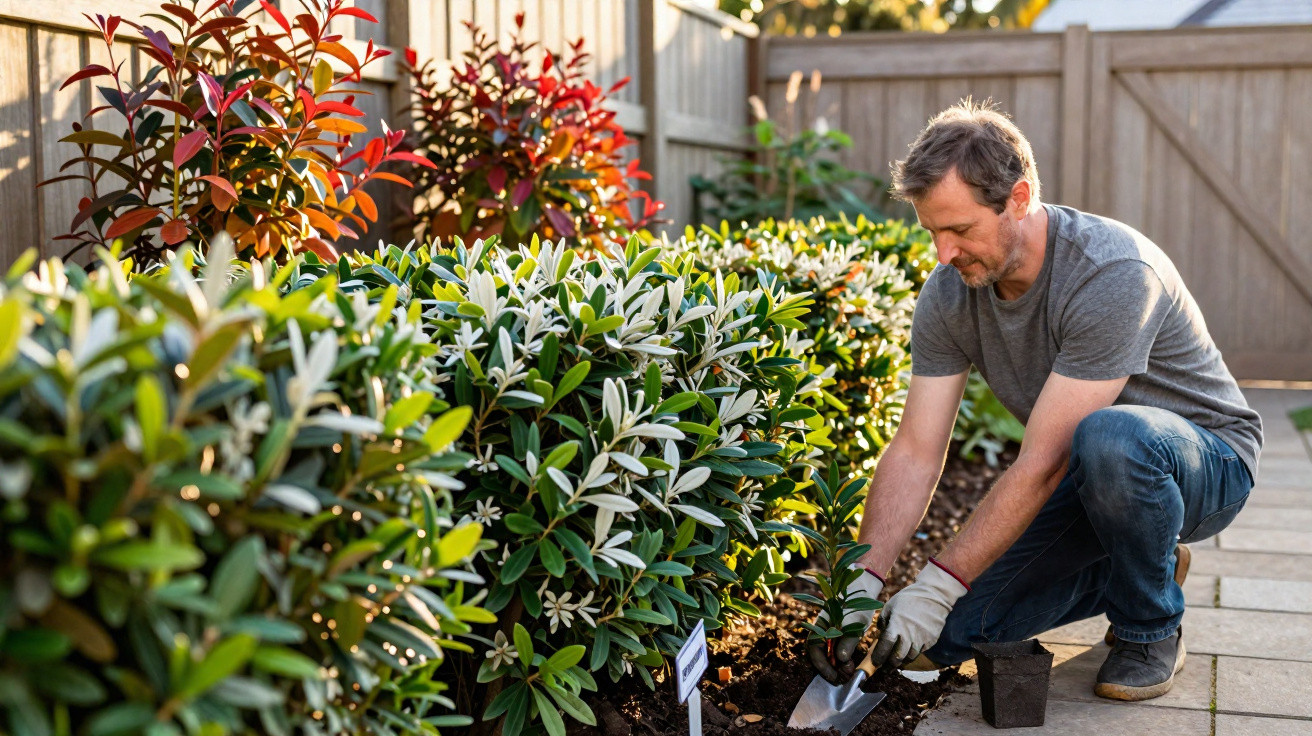 Homme en train de planter un arbuste dans un jardin ensoleillé, entouré de fleurs blanches et feuillages rouges.
