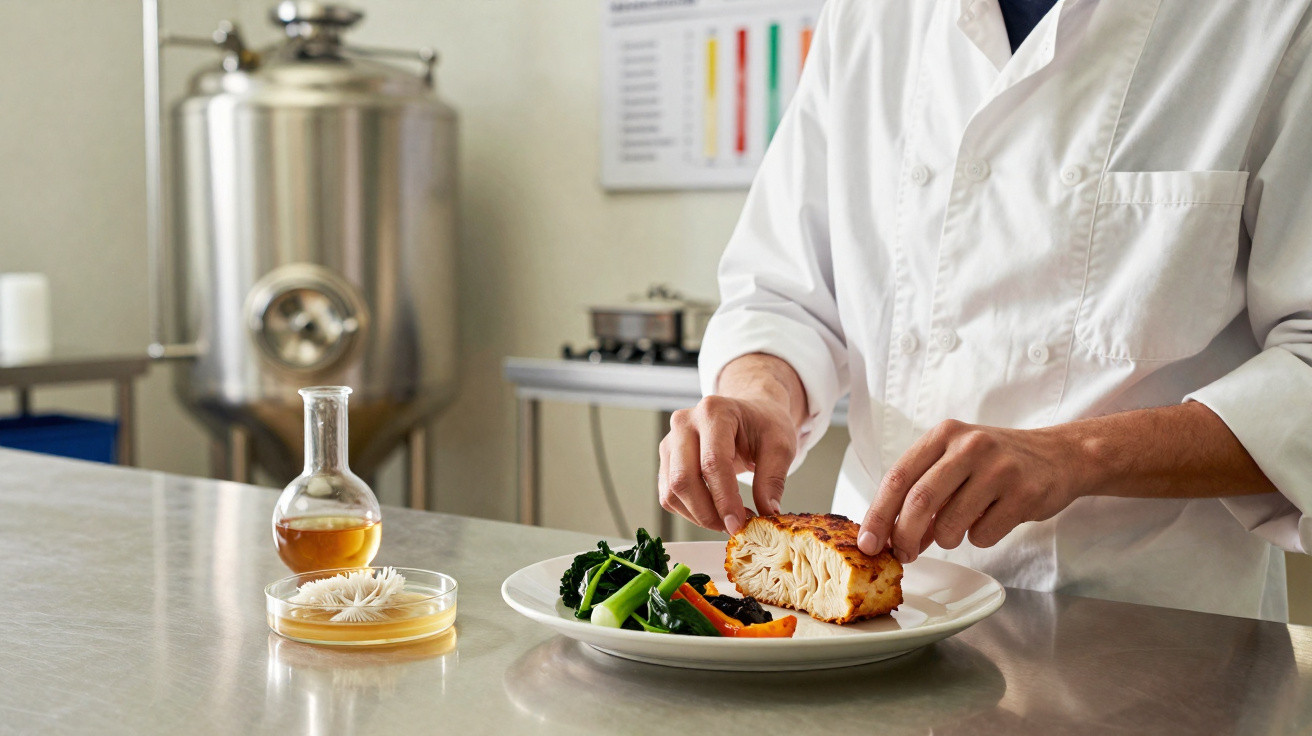 Chef habillé en blanc préparant un plat avec légumes et poisson dans une cuisine professionnelle moderne.