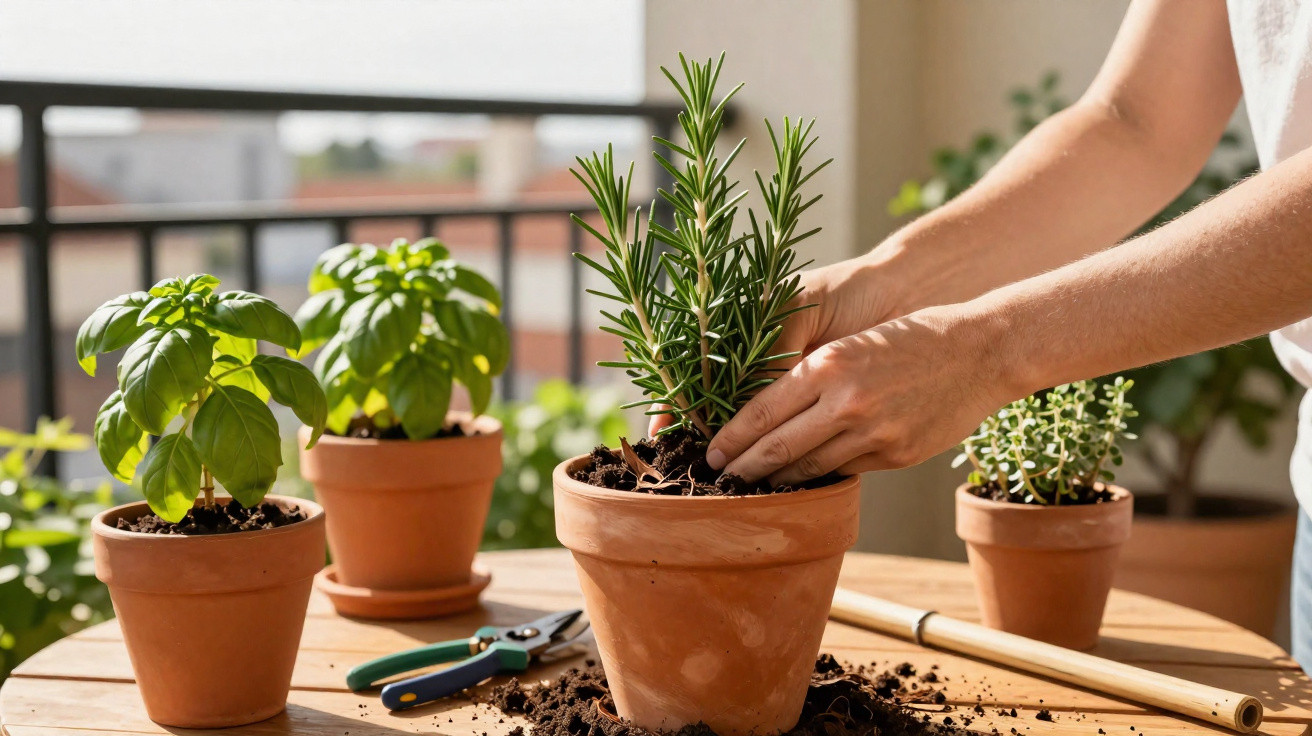 Mains plantant un romarin dans un pot en terre cuite sur une table en bois avec d'autres plantes aromatiques.