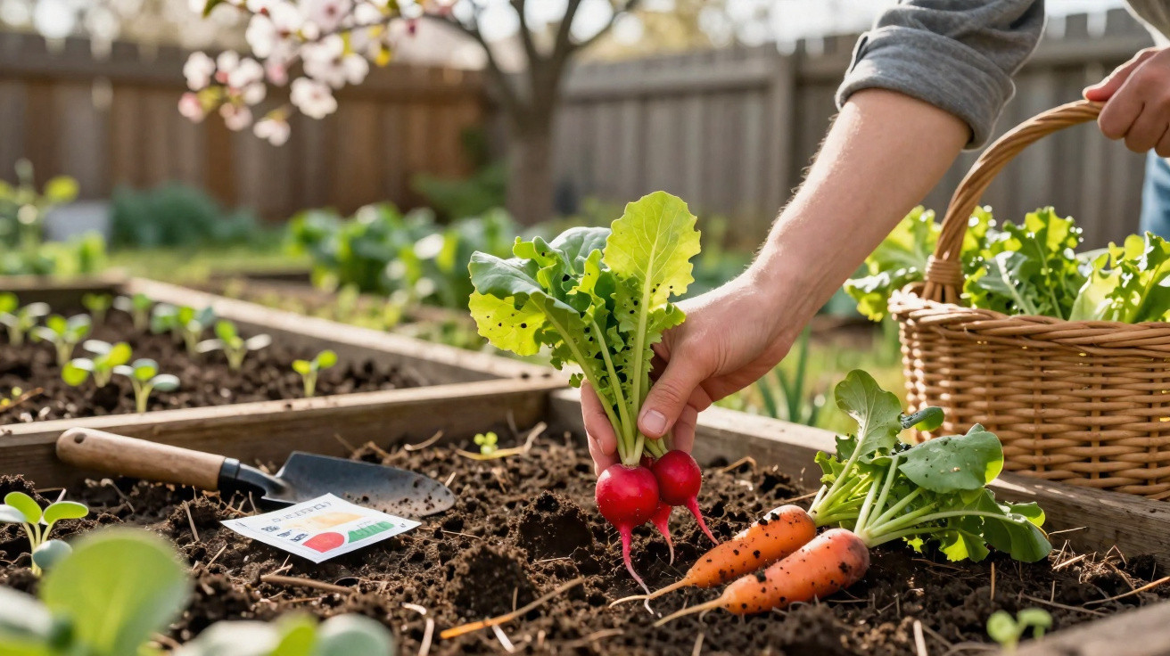 Main récoltant des radis dans un jardin potager avec des carottes et un panier en osier à proximité.