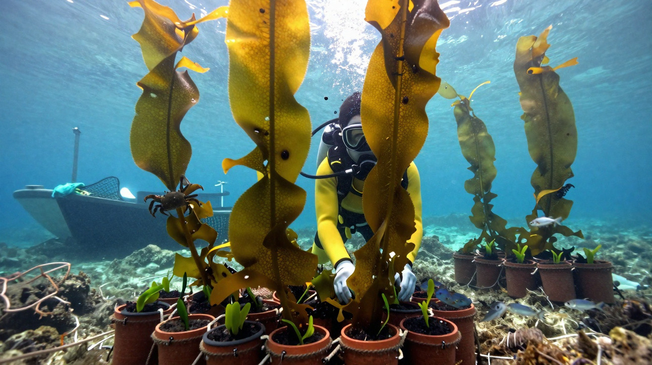 Plongeur entre des plantes marines cultivées en pots sur le fond océanique, avec un crabe visible.